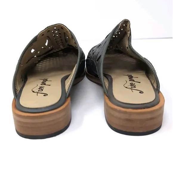 FREE PEOPLE Paramount Leather Mules Shoes Womens US 7.5 EU 38 Gray Laser Cut NEW