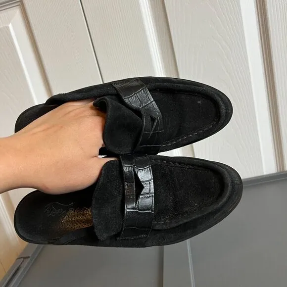 Free People Payton Suede Slip On Stacked Heel Penny Loafer Mules Women's Size 36