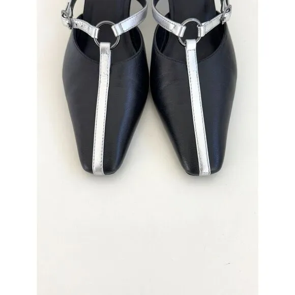 Free People Rebel Heels Slip On Mules Black Silver Leather Pointed Toe Size 9