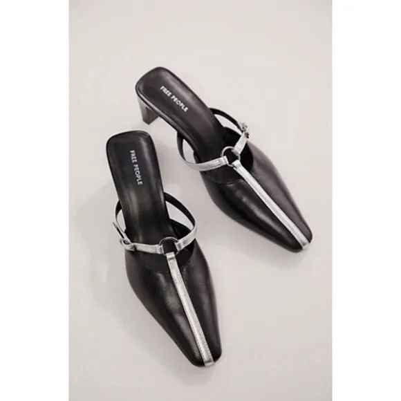 Free People Rebel Heels Slip On Mules Black Silver Leather Pointed Toe Size 9