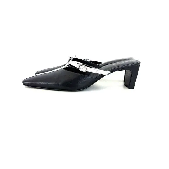 Free People Rebel Heels Slip On Mules Black Silver Leather Pointed Toe Size 9