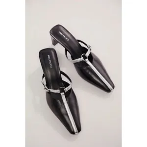 Free People Rebel Heels Slip On Mules Black Silver Leather Pointed Toe Size 9