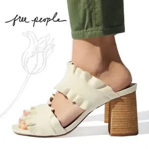 Free People Rosie Ruffle Block Heel Mules Cream NWOT