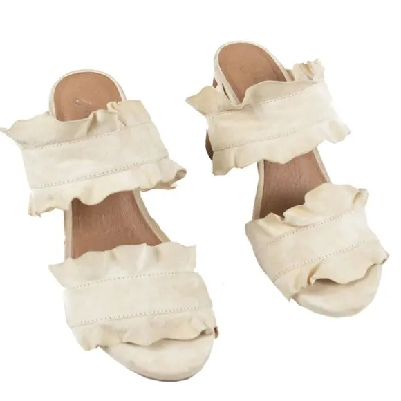 Free People Rosie Ruffle Block Heel Mules Cream NWOT