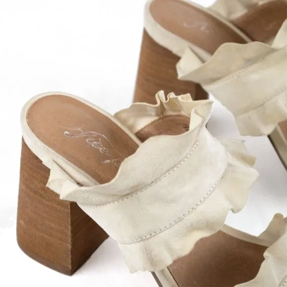 Free People Rosie Ruffle Block Heel Mules Cream NWOT