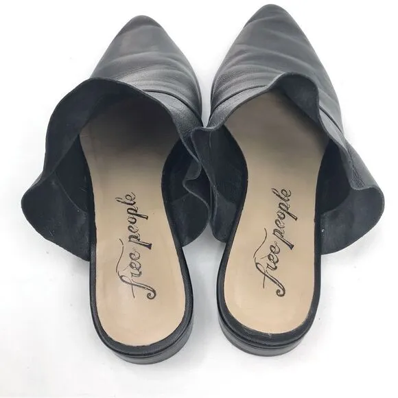Free People SIENNA Black Leather Ruffle Pointed Toe Slip On Mules