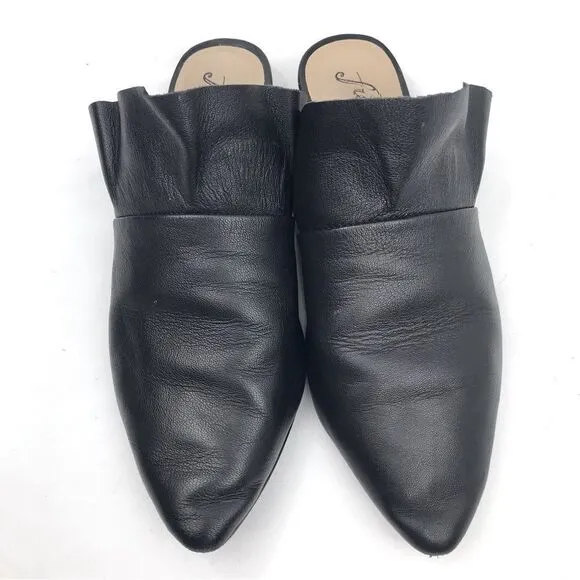 Free People SIENNA Black Leather Ruffle Pointed Toe Slip On Mules