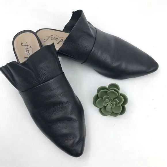 Free People SIENNA Black Leather Ruffle Pointed Toe Slip On Mules
