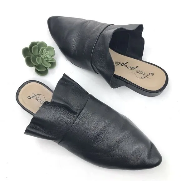 Free People SIENNA Black Leather Ruffle Pointed Toe Slip On Mules