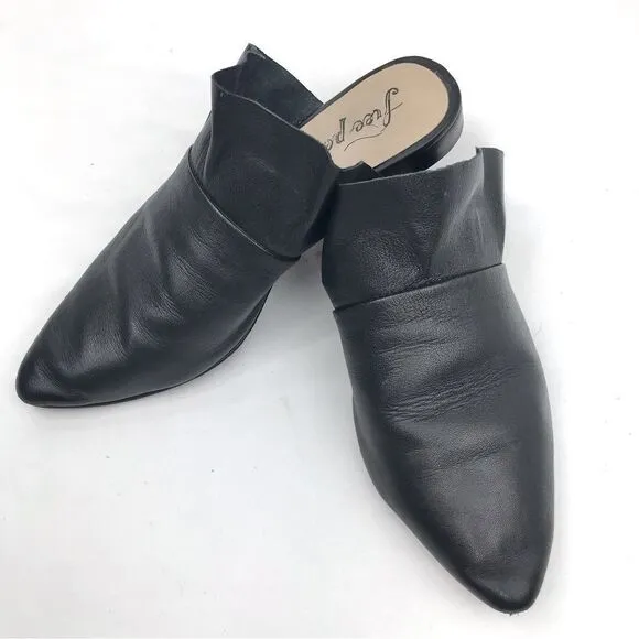Free People SIENNA Black Leather Ruffle Pointed Toe Slip On Mules