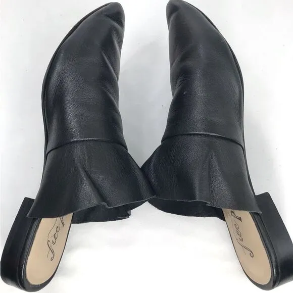 Free People SIENNA Black Leather Ruffle Pointed Toe Slip On Mules
