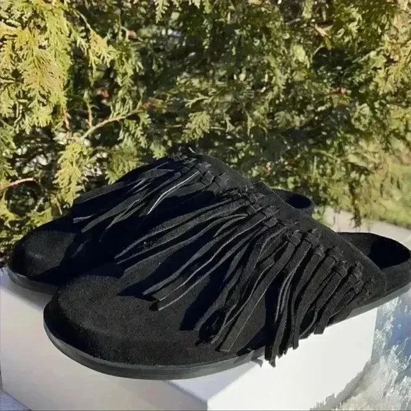 Free People Black Suede Fringed Mules