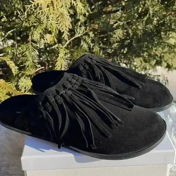 Free People Black Suede Fringed Mules
