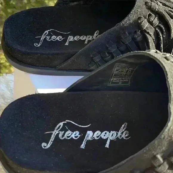 Free People Black Suede Fringed Mules
