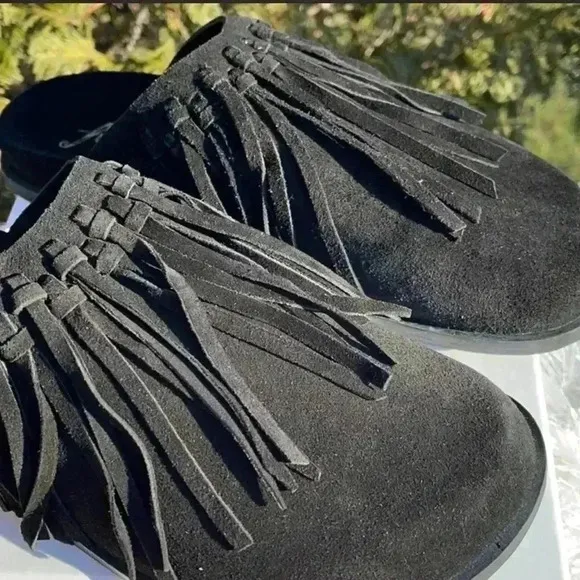 Free People Black Suede Fringed Mules