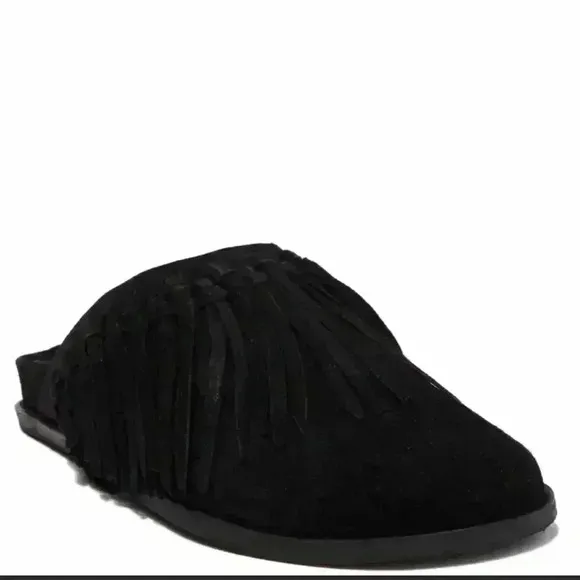 Free People Black Suede Fringed Mules