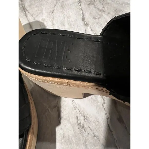 FRYE Black Leather Wooden Platform Clogs Size 9‎ Mules Slides
