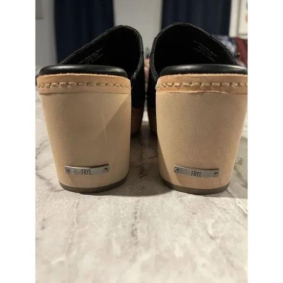 FRYE Black Leather Wooden Platform Clogs Size 9‎ Mules Slides