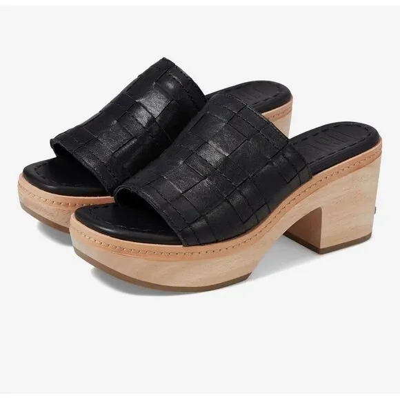 FRYE Black Leather Wooden Platform Clogs Size 9‎ Mules Slides