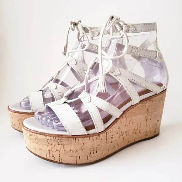 Frye White Leather Strappy Wedge Heels