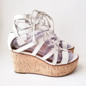 Frye White Leather Strappy Wedge Heels