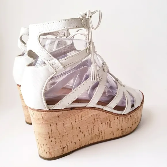 Frye White Leather Strappy Wedge Heels