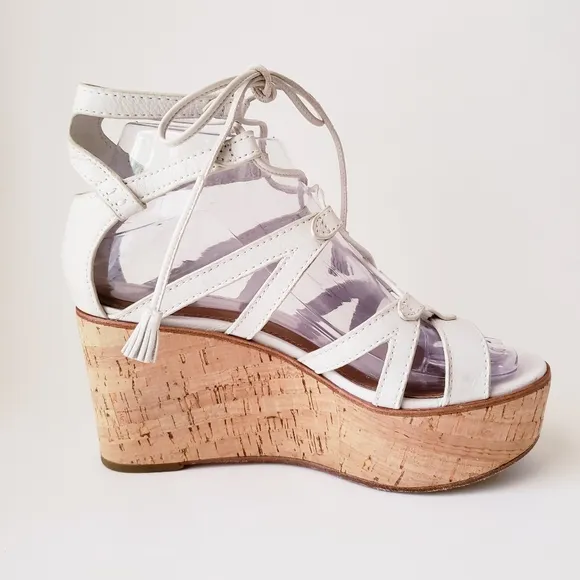 Frye White Leather Strappy Wedge Heels