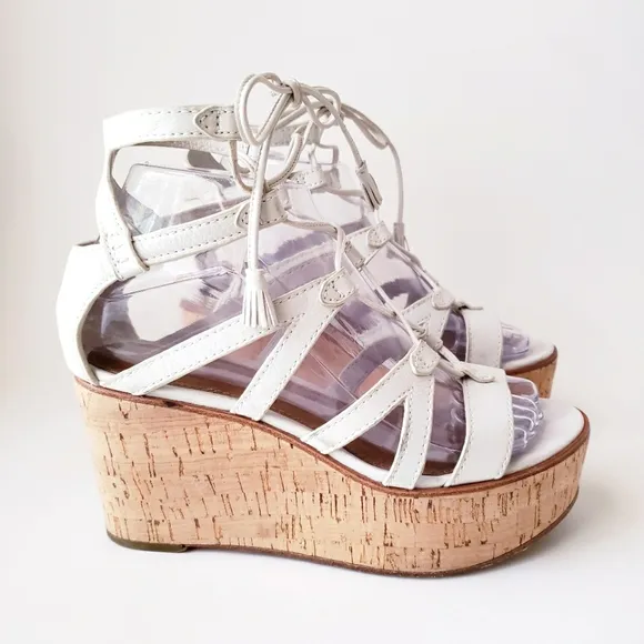 Frye White Leather Strappy Wedge Heels