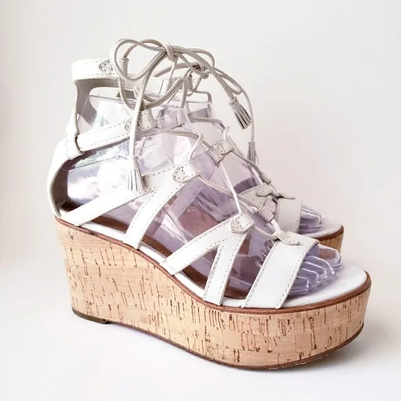 Frye White Leather Strappy Wedge Heels