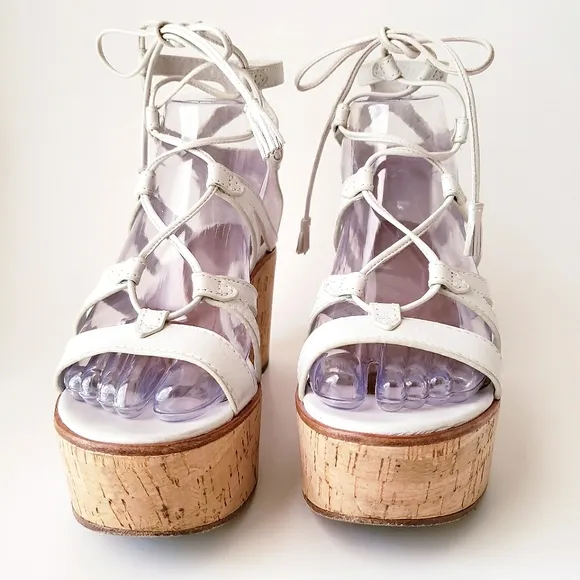 Frye White Leather Strappy Wedge Heels