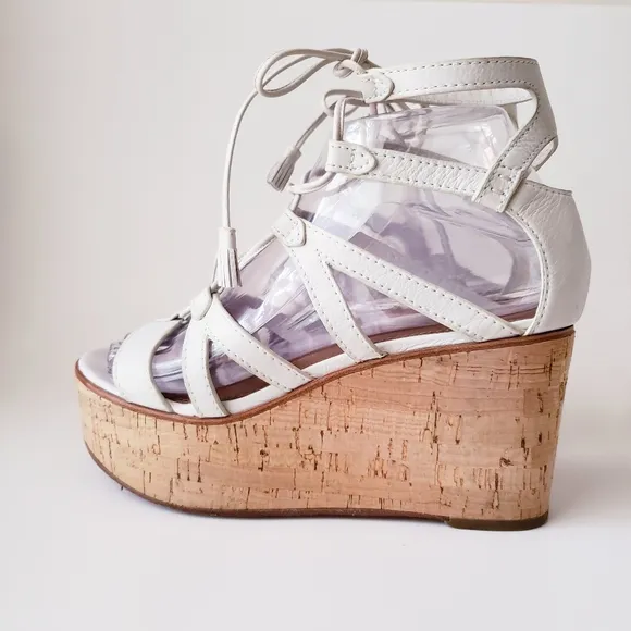 Frye White Leather Strappy Wedge Heels