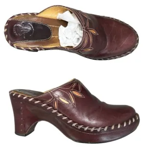 Frye Women’s Charlotte Mahogany Leather Laser Cut Out Heeled Mule Clogs Size 6 M