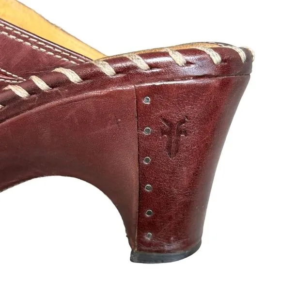 Frye Women’s Charlotte Mahogany Leather Laser Cut Out Heeled Mule Clogs Size 6 M