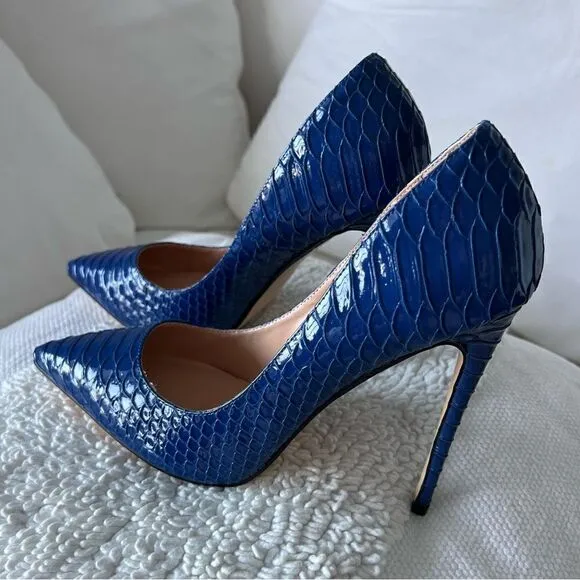 FSJ Blue Python Stiletto Heels Pointed Toe Pumps Size 8