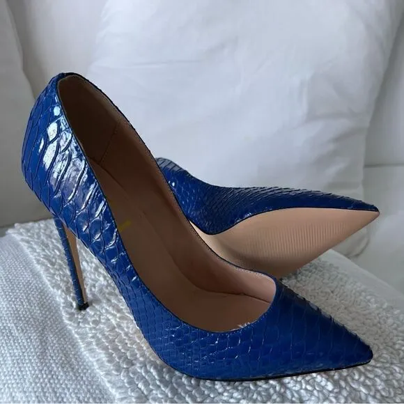 FSJ Blue Python Stiletto Heels Pointed Toe Pumps Size 8
