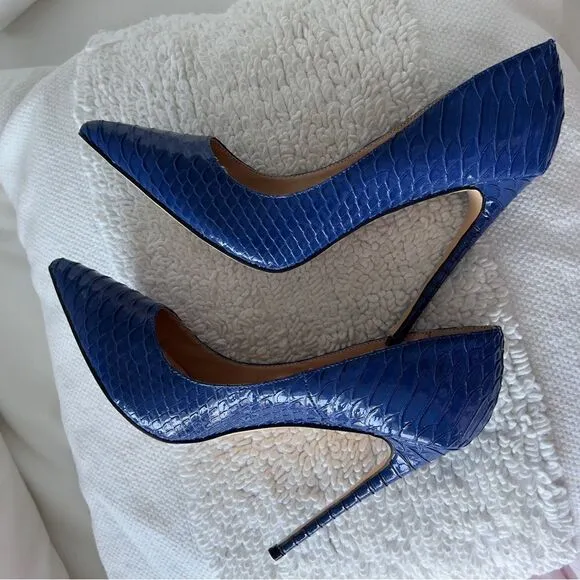 FSJ Blue Python Stiletto Heels Pointed Toe Pumps Size 8