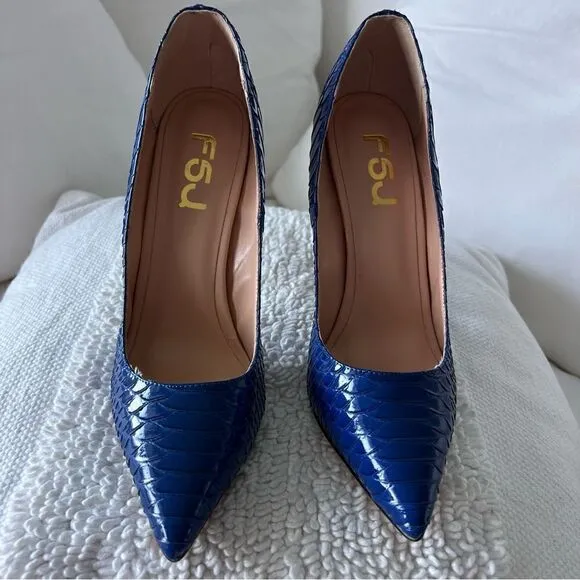 FSJ Blue Python Stiletto Heels Pointed Toe Pumps Size 8