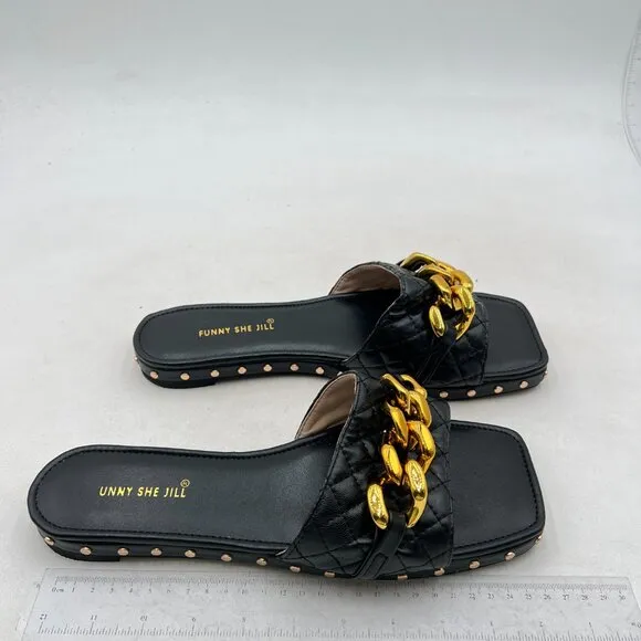 FSJ Women Sexy Square Open Toe Comfortable Flat Thick Sole Cushion Sandals Black