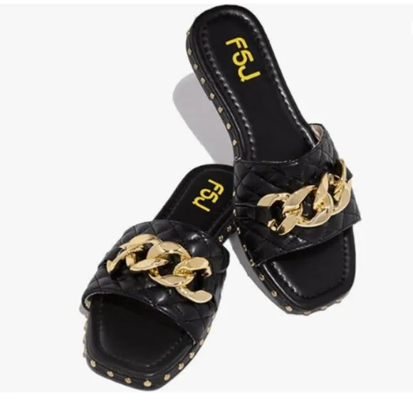 FSJ Women Sexy Square Open Toe Comfortable Flat Thick Sole Cushion Sandals Black