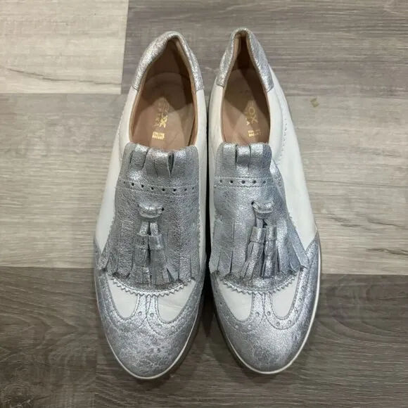 Geox Respira Oxfords Shoes Mens 40 7 White/Silver Tassel Fringe Platform Leather