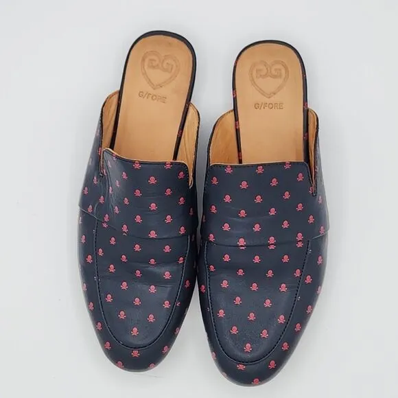 G/Fore Women's Killer T's Leather Mules Navy Blue With Skull Printed Size 8 Golf