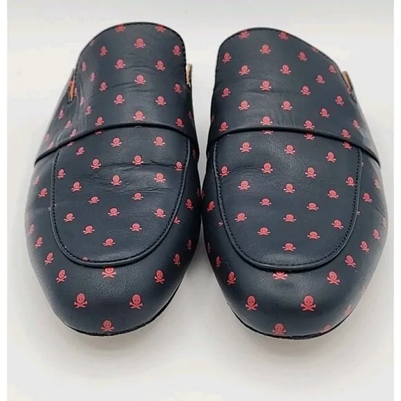G/Fore Women's Killer T's Leather Mules Navy Blue With Skull Printed Size 8 Golf