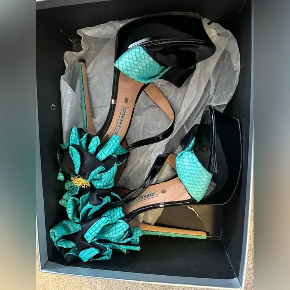 Gianmarco lorenzi Italy black and teal snake print fashion high heels
