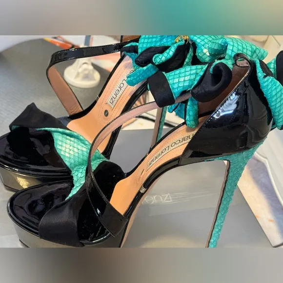 Gianmarco lorenzi Italy black and teal snake print fashion high heels