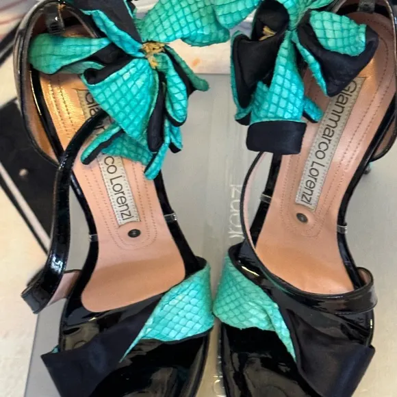 Gianmarco lorenzi Italy black and teal snake print fashion high heels