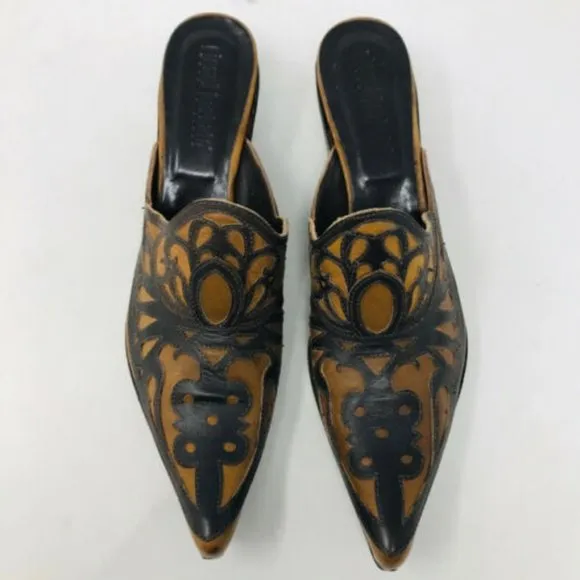 Gianni Barbato Brown Tan Tooled Mules Pointed Toe
