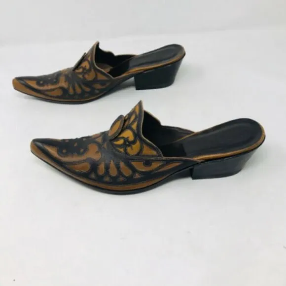 Gianni Barbato Brown Tan Tooled Mules Pointed Toe