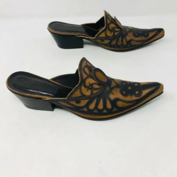 Gianni Barbato Brown Tan Tooled Mules Pointed Toe