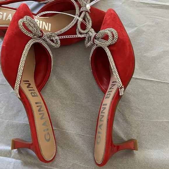 Gianni Bini KamillaTwo Suede Rhinestone Bow Kitten Heel Mules
