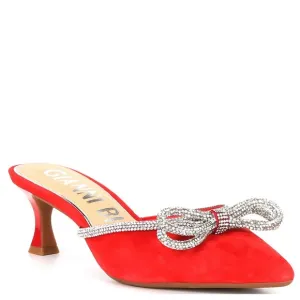 Gianni Bini KamillaTwo Suede Rhinestone Bow Kitten Heel Mules